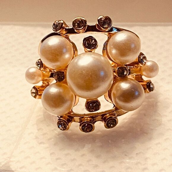 Gold Mix Pave & Pearls Ring Set Size 9 - Picture 5 of 12